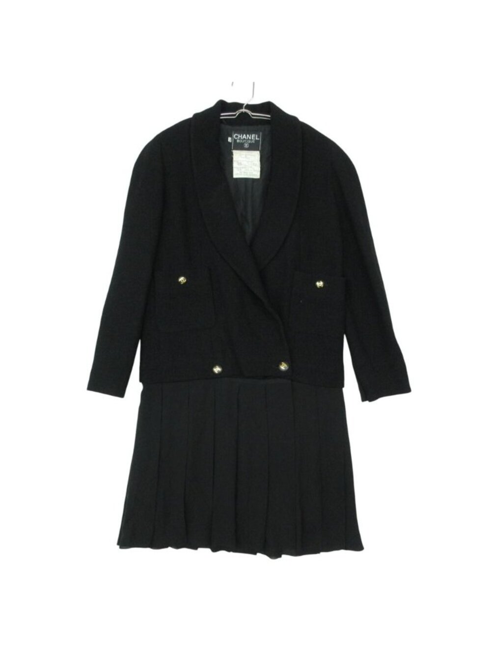 Chanel Tweed Suit Double Breasted Skirt Layered Gold Button Shawl